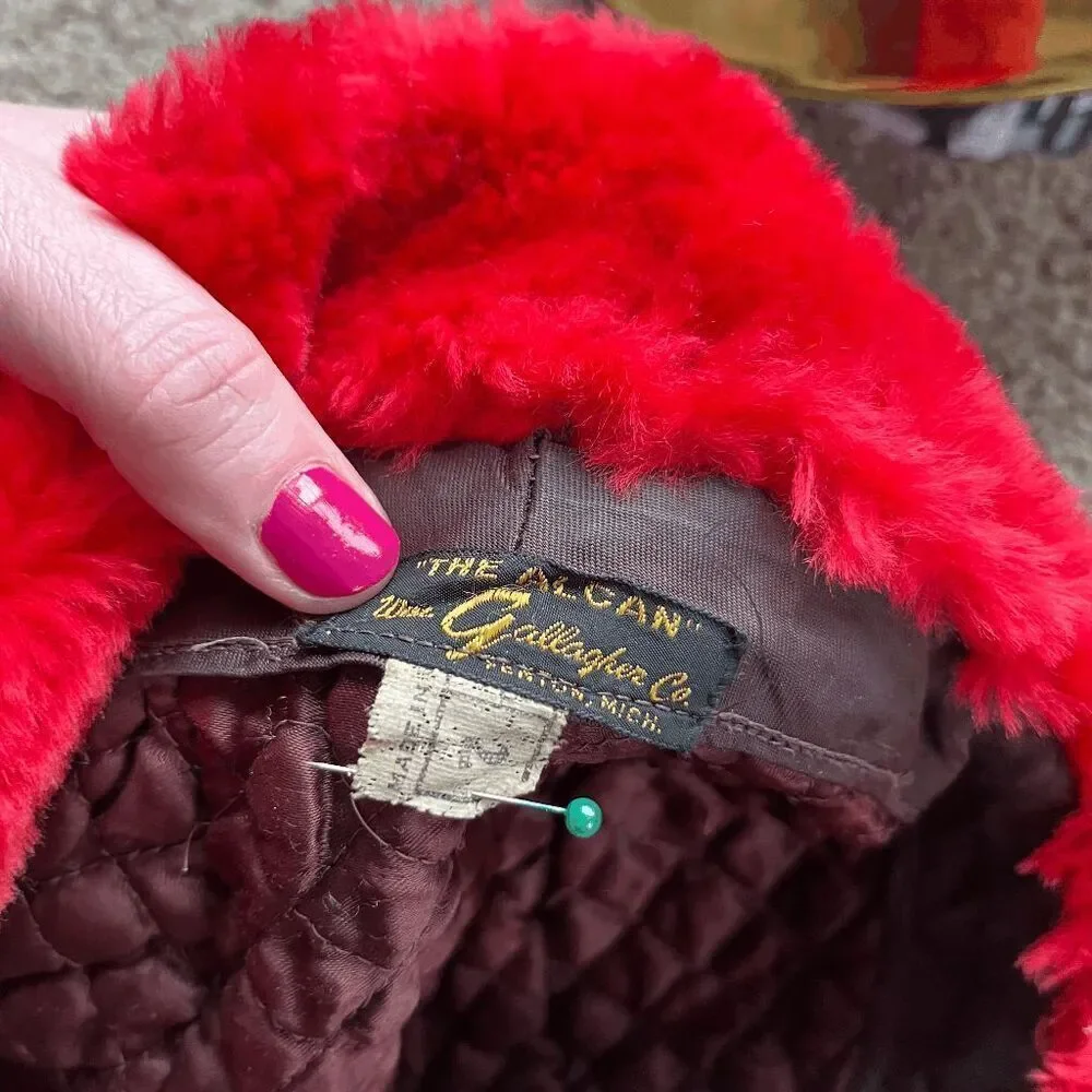 VTG 1960s Red Faux Fur Trapper Hat Alcan Aviator Quilted Lined USA - Picture 3 of 13
